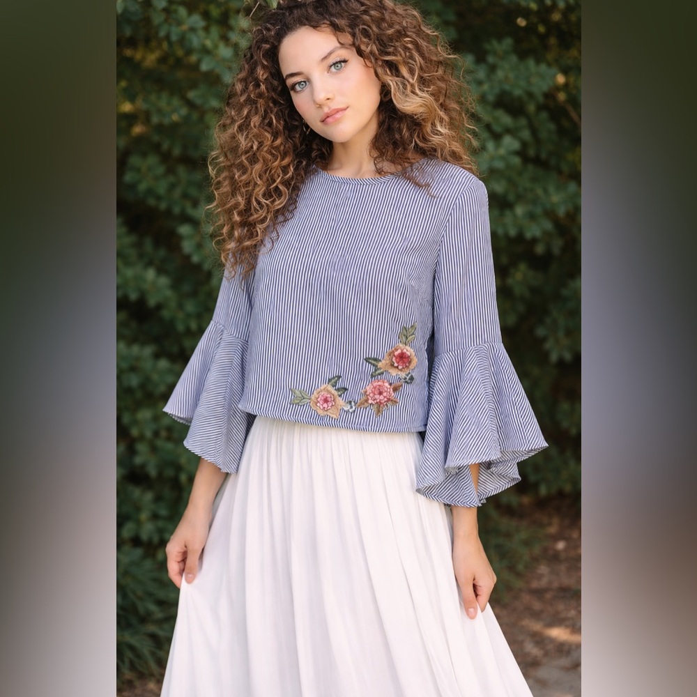 Dainty Jewells Navy Striped Blouse with Pink Floral Embroidery